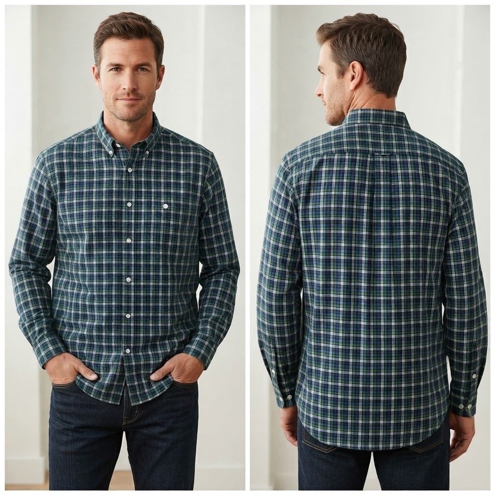 Orvis Mens Wrinkle Free Plaid Button Down Shirt Green Blue Large Long Sleeve